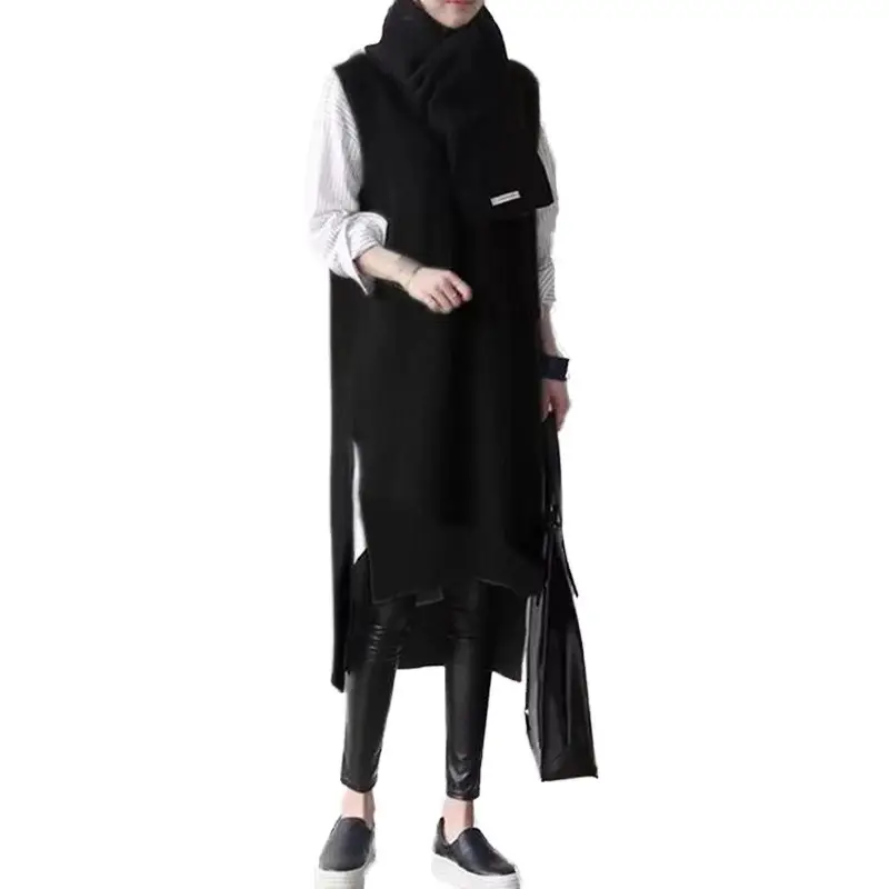 2024 Black Knitted V-Neck Vest Dress with Long Scarf - Image 5