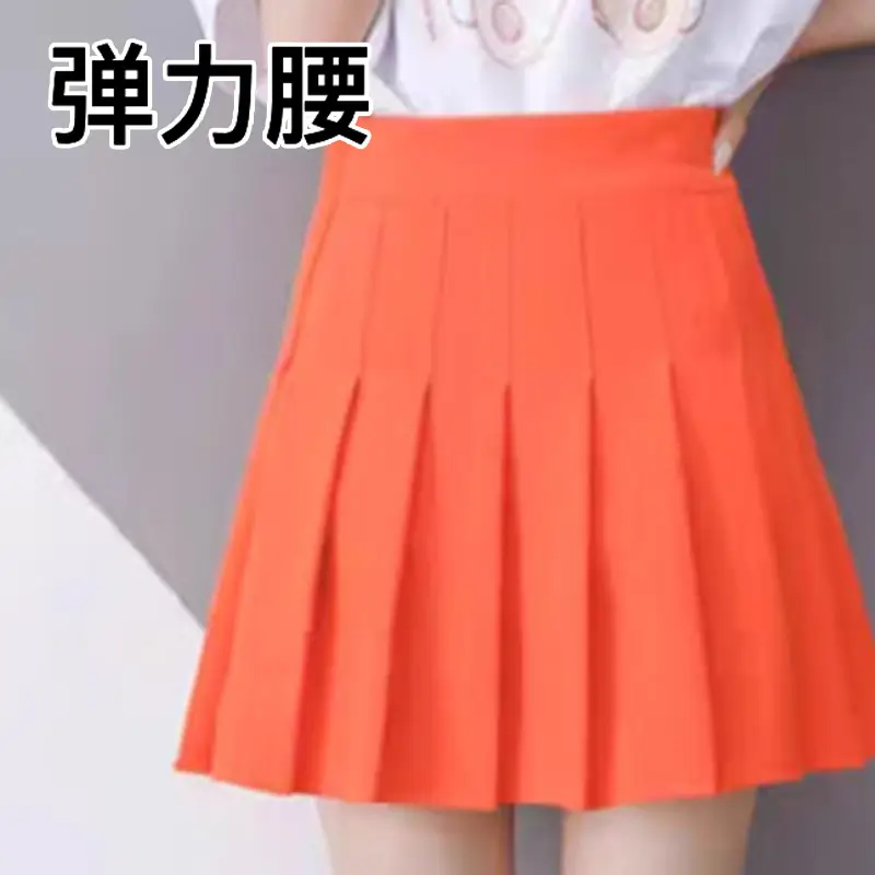 Orange Elastic Waist Pleated Skirt for Women - Image 29