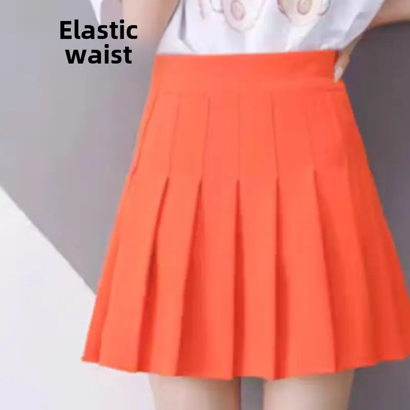 Orange Elastic Waist Pleated Skirt for Women - Image 33