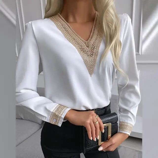 2021 Black Lace V-Neck Long Sleeve Women's Shirt - Image 8
