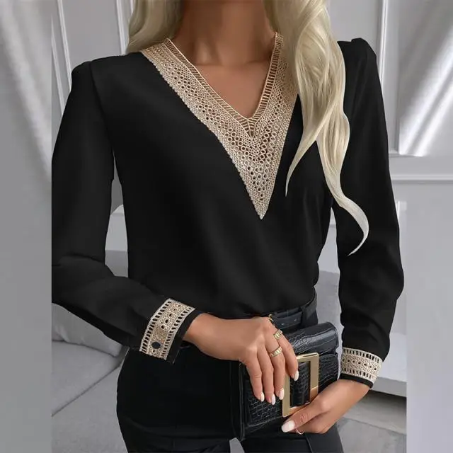 2021 Black Lace V-Neck Long Sleeve Women's Shirt - Image 9