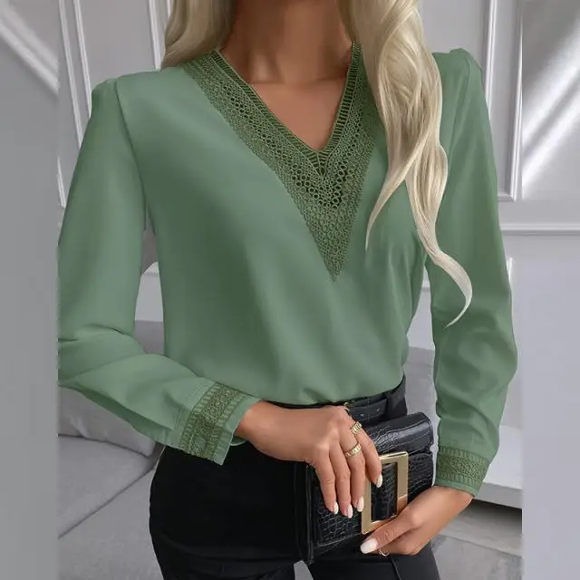 2021 Black Lace V-Neck Long Sleeve Women's Shirt - Image 4