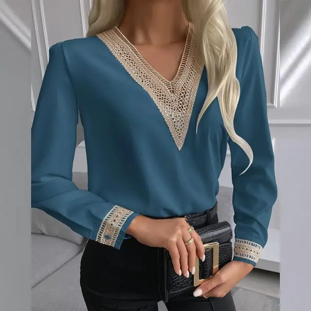 2021 Black Lace V-Neck Long Sleeve Women's Shirt - Image 5