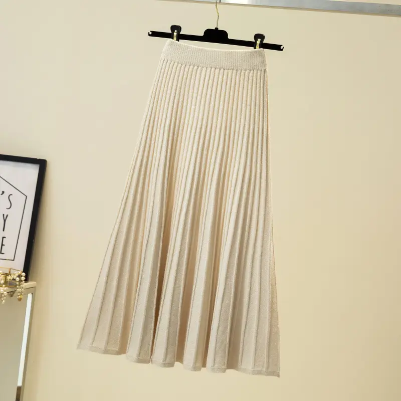 Wool Knitted Mid-Length Pleated Skirt Brown Large Hem - Image 5