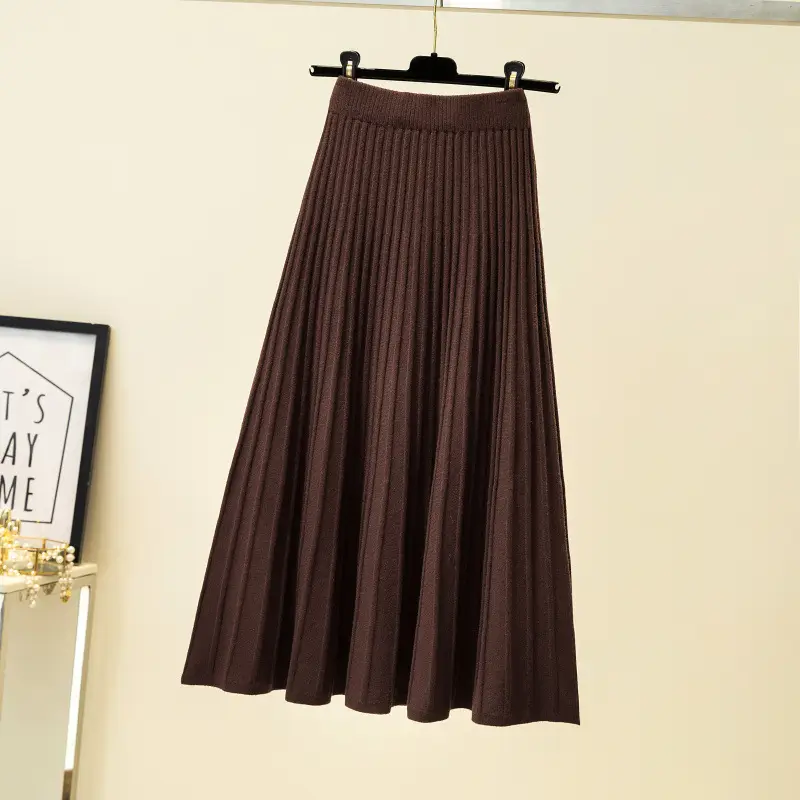 Wool Knitted Mid-Length Pleated Skirt Brown Large Hem - Image 6