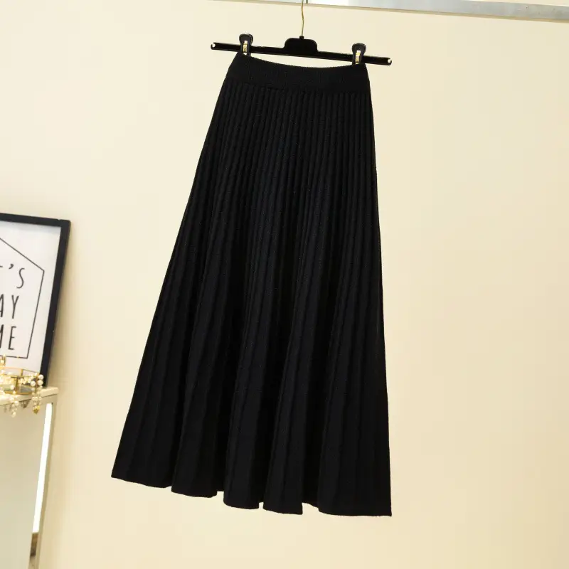 Wool Knitted Mid-Length Pleated Skirt Brown Large Hem - Image 7