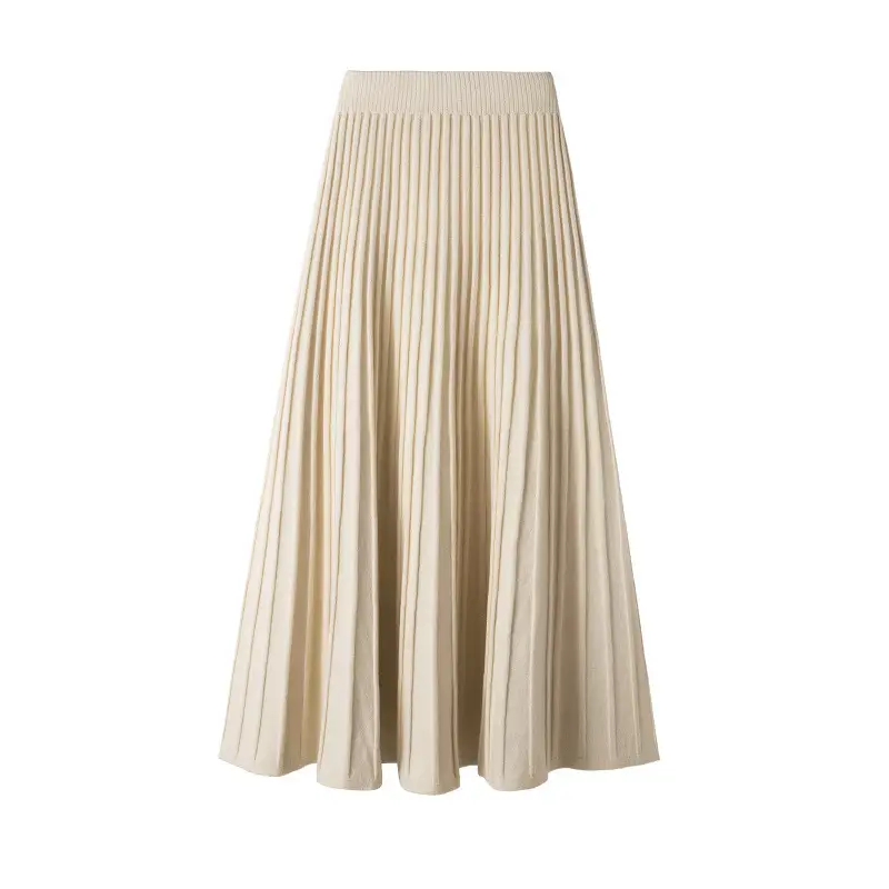 Wool Knitted Mid-Length Pleated Skirt Brown Large Hem - Image 8