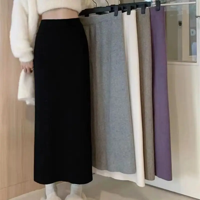 Wool Knitted Mid-Length Pleated Skirt Brown Large Hem — feature 10