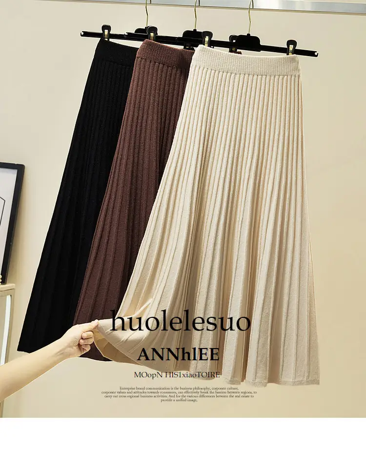 Wool Knitted Mid-Length Pleated Skirt Brown Large Hem — feature 13