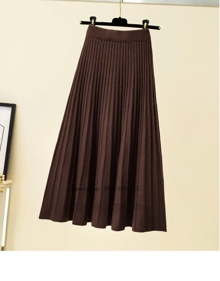 Wool Knitted Mid-Length Pleated Skirt Brown Large Hem — feature 22