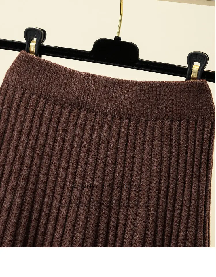 Wool Knitted Mid-Length Pleated Skirt Brown Large Hem — feature 24