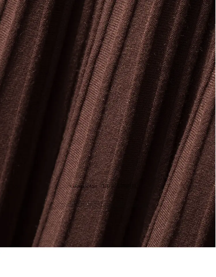 Wool Knitted Mid-Length Pleated Skirt Brown Large Hem — feature 26