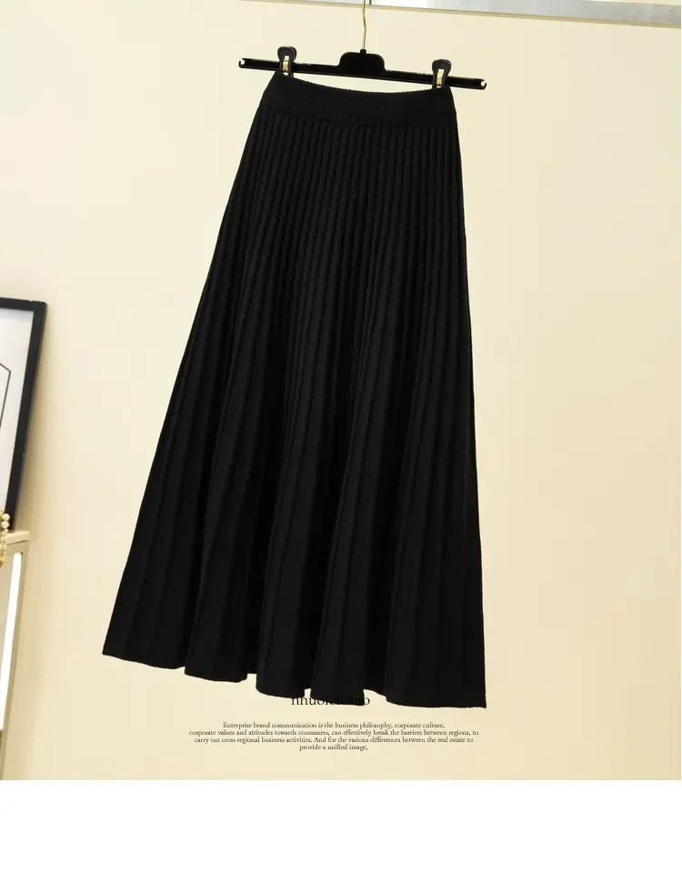 Wool Knitted Mid-Length Pleated Skirt Brown Large Hem — feature 28