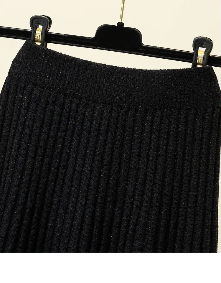 Wool Knitted Mid-Length Pleated Skirt Brown Large Hem — feature 30