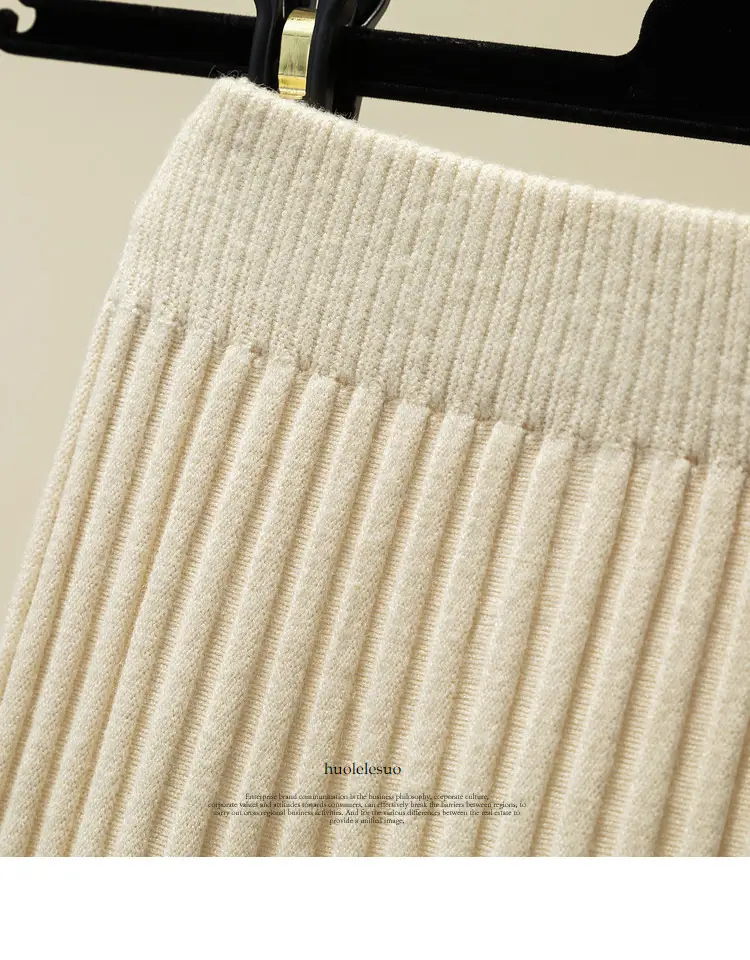 Wool Knitted Mid-Length Pleated Skirt Brown Large Hem — feature 38