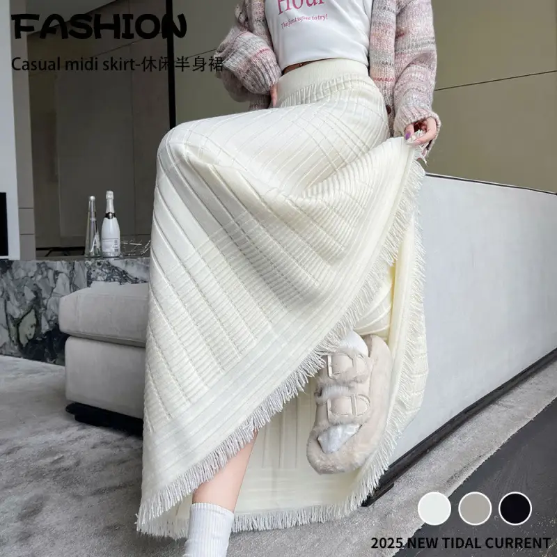Wool Knitted Mid-Length Pleated Skirt Brown Large Hem — feature 7