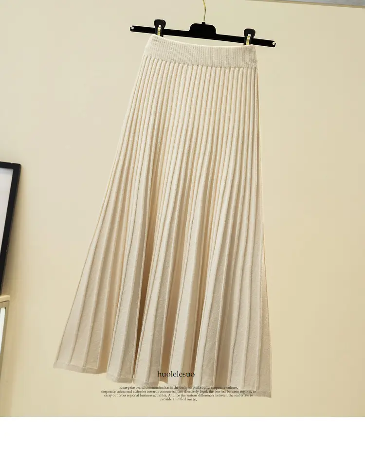Wool Knitted Mid-Length Pleated Skirt Brown Large Hem - Image 2
