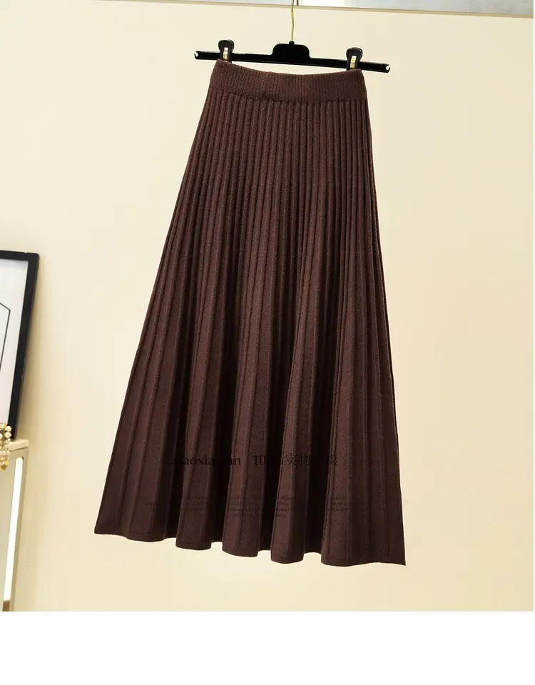 Wool Knitted Mid-Length Pleated Skirt Brown Large Hem - Image 3