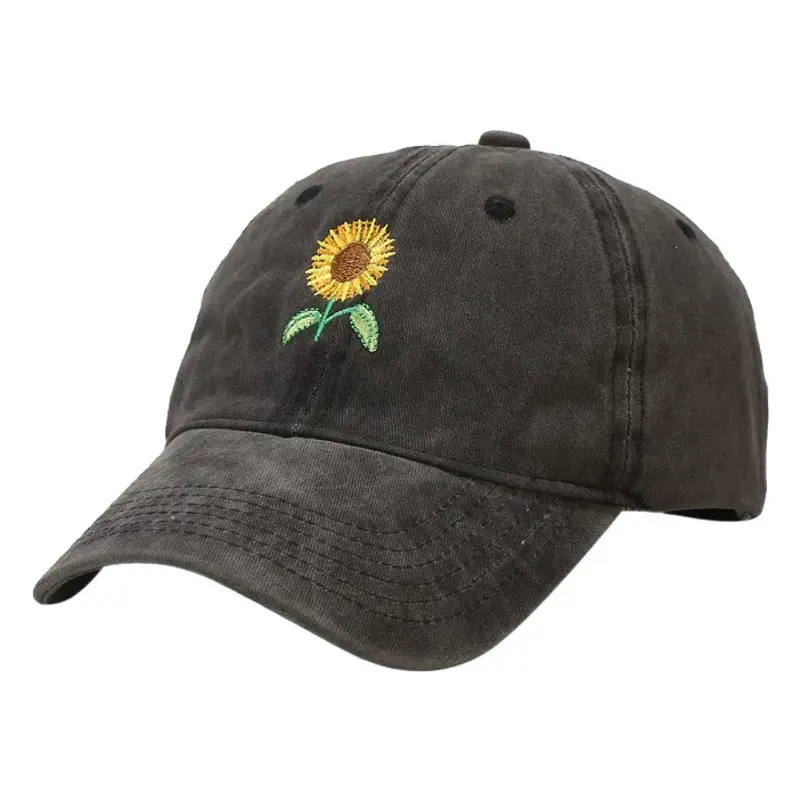Women Washed Sunflower Embroidered Baseball Cap