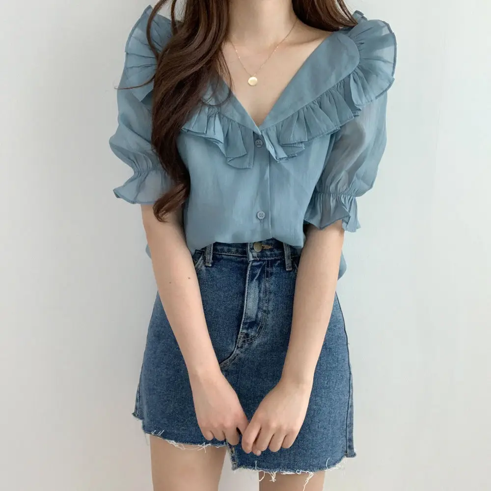 White Ruffled Puff Sleeve Chiffon Top for Women