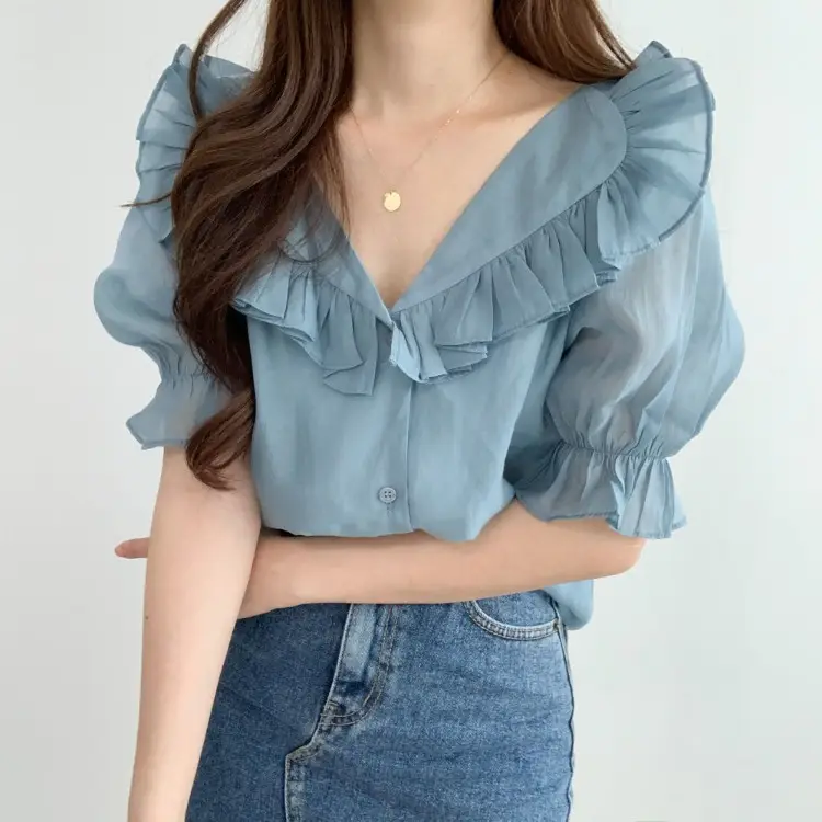 White Ruffled Puff Sleeve Chiffon Top for Women