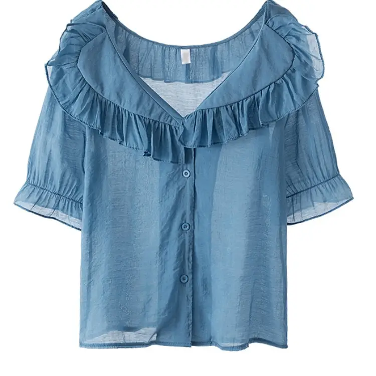 White Ruffled Puff Sleeve Chiffon Top for Women