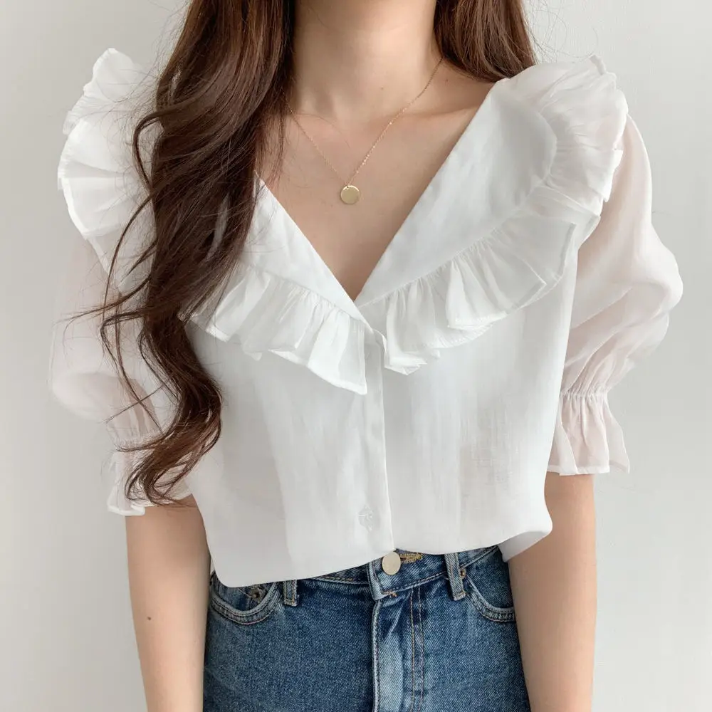 White Ruffled Puff Sleeve Chiffon Top for Women — feature 10