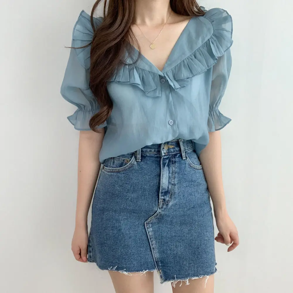 White Ruffled Puff Sleeve Chiffon Top for Women — feature 11