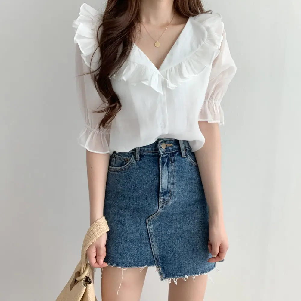 White Ruffled Puff Sleeve Chiffon Top for Women — feature 12
