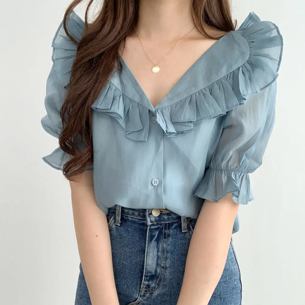White Ruffled Puff Sleeve Chiffon Top for Women — feature 14
