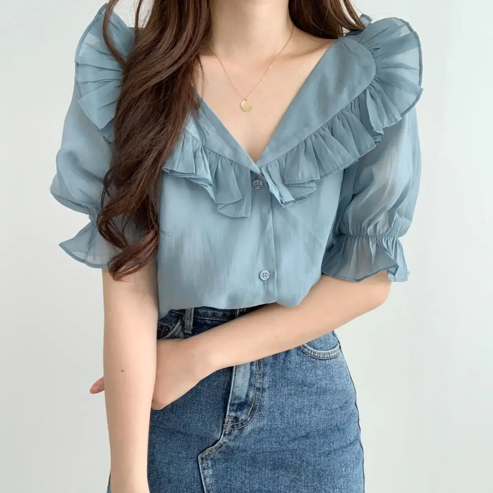White Ruffled Puff Sleeve Chiffon Top for Women — feature 15