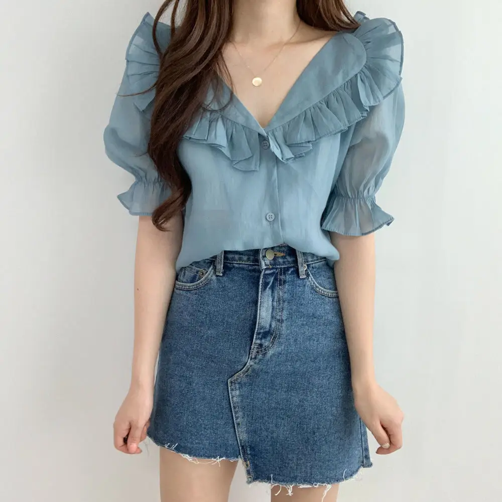 White Ruffled Puff Sleeve Chiffon Top for Women — feature 16