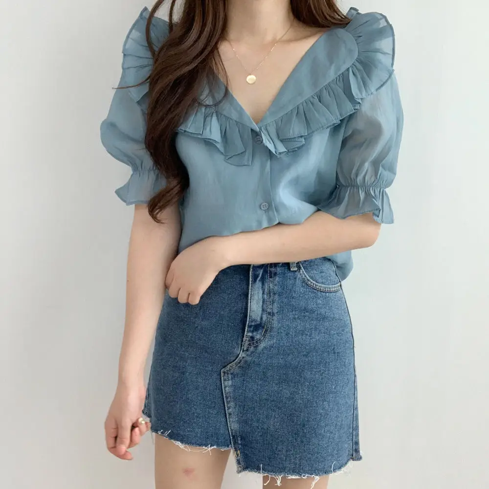 White Ruffled Puff Sleeve Chiffon Top for Women — feature 18