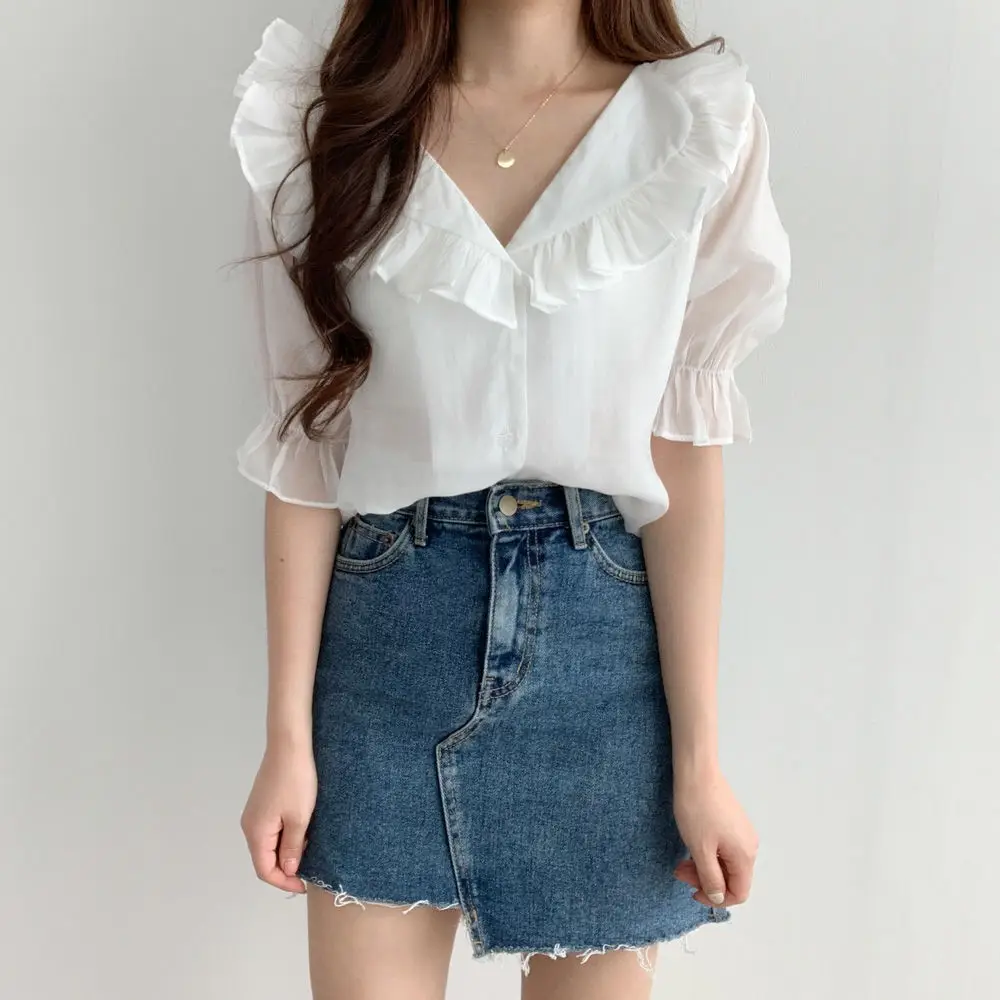 White Ruffled Puff Sleeve Chiffon Top for Women — feature 19