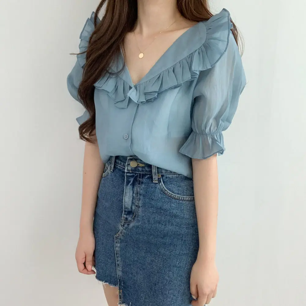 White Ruffled Puff Sleeve Chiffon Top for Women — feature 2