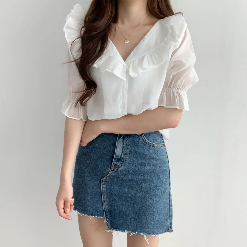 White Ruffled Puff Sleeve Chiffon Top for Women — feature 20