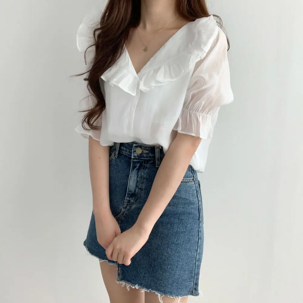 White Ruffled Puff Sleeve Chiffon Top for Women — feature 21