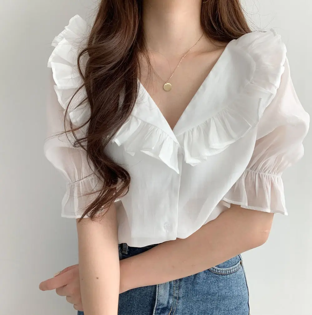 White Ruffled Puff Sleeve Chiffon Top for Women — feature 3