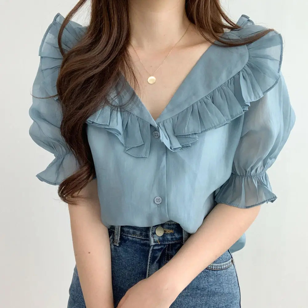 White Ruffled Puff Sleeve Chiffon Top for Women — feature 4