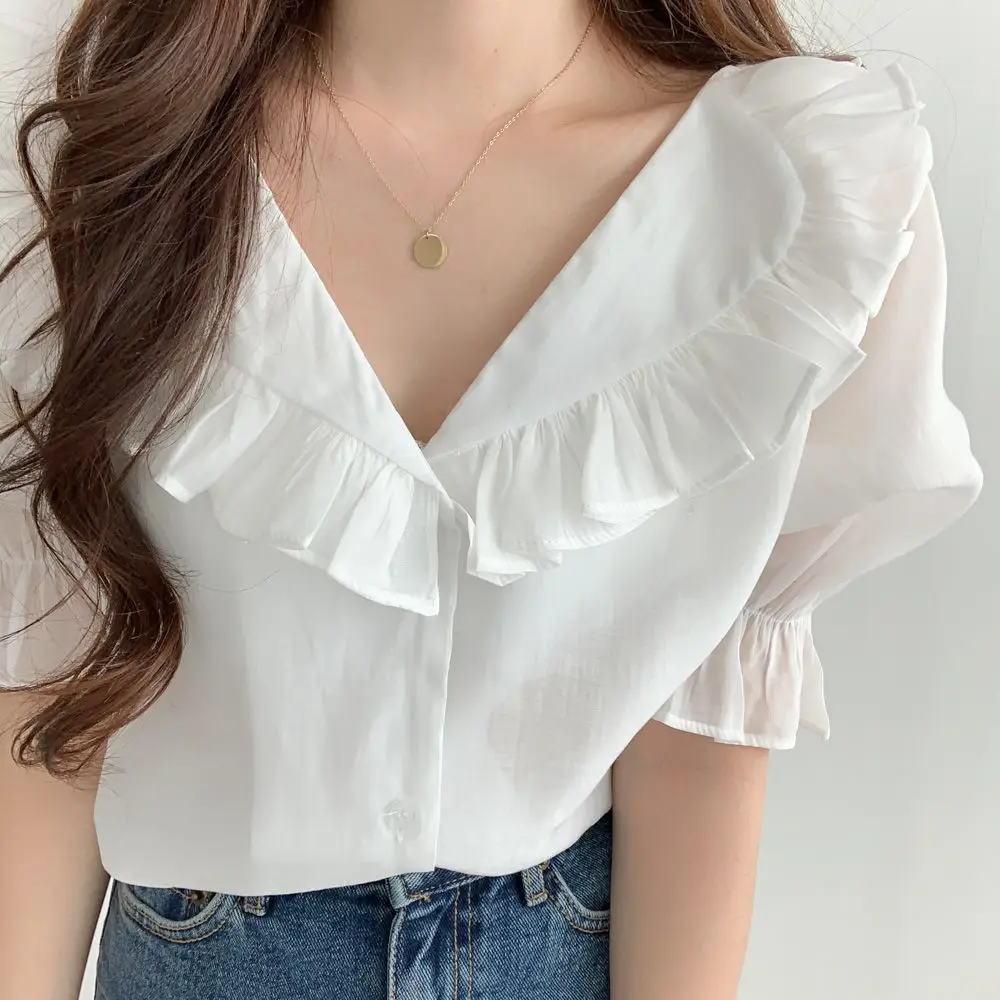 White Ruffled Puff Sleeve Chiffon Top for Women — feature 7