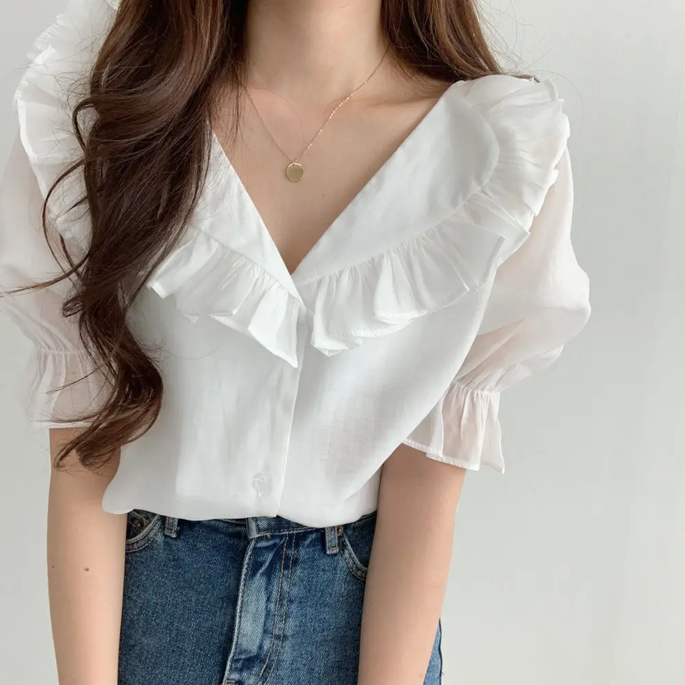 White Ruffled Puff Sleeve Chiffon Top for Women — feature 8