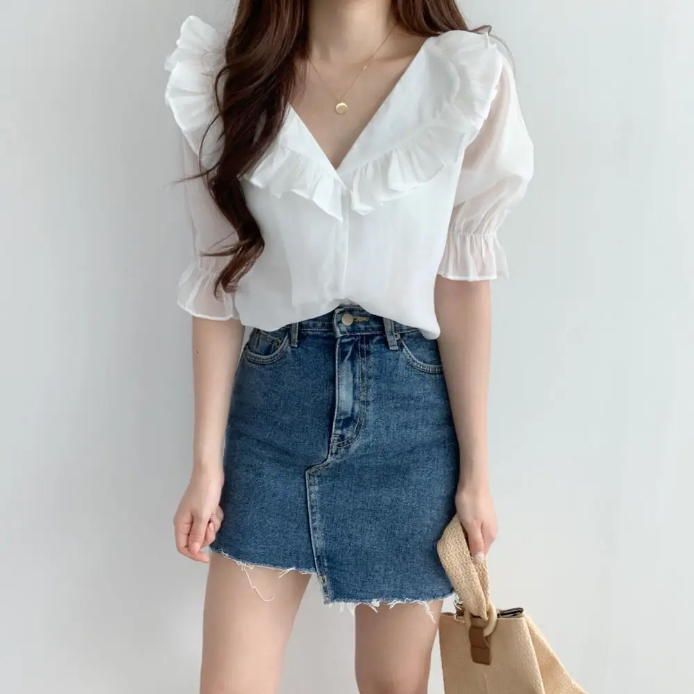 White Ruffled Puff Sleeve Chiffon Top for Women — feature 9