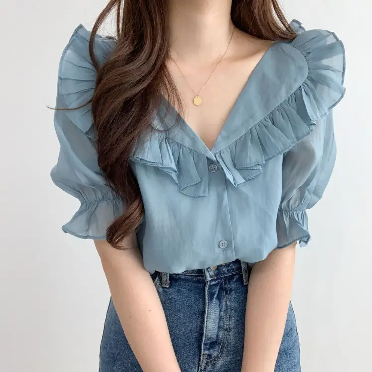 White Ruffled Puff Sleeve Chiffon Top for Women