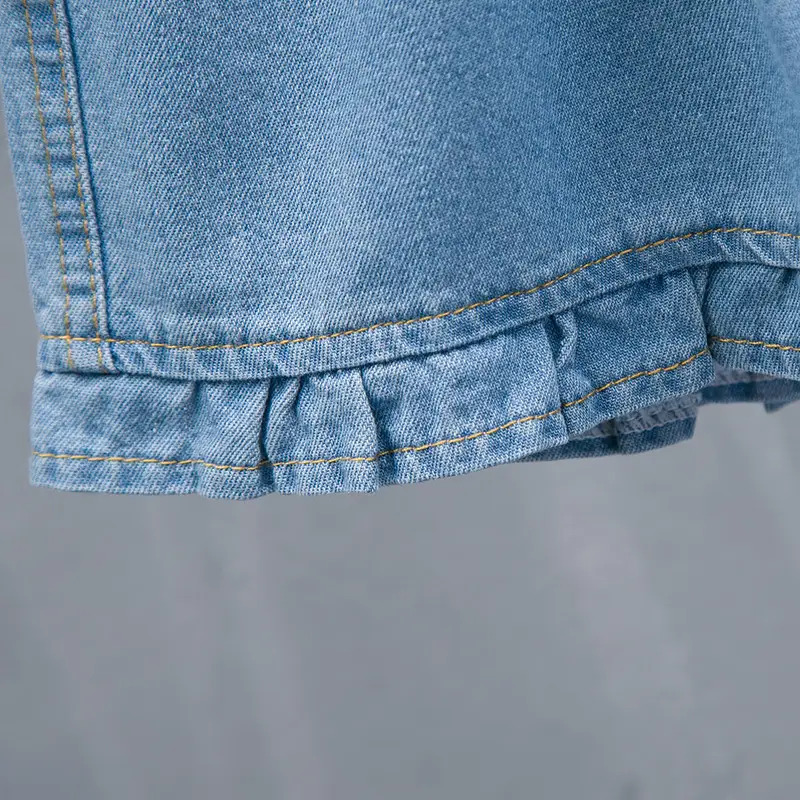 Light Blue Denim Shorts with Elastic Waist & Ruffled Hem - Image 5