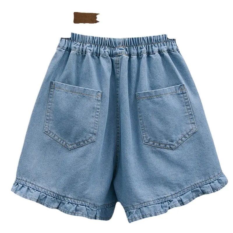 Light Blue Denim Shorts with Elastic Waist & Ruffled Hem - Image 6