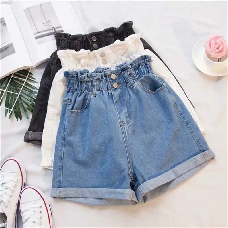 Women Denim Shorts Cream Elastic Waist Large - Image 6