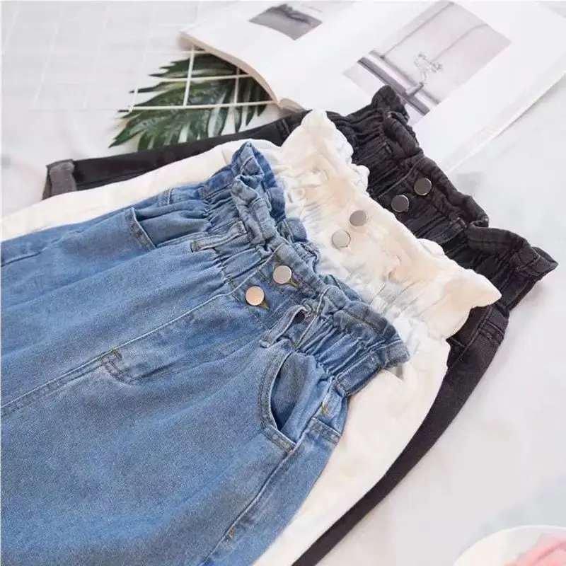 Women Denim Shorts Cream Elastic Waist Large - Image 7