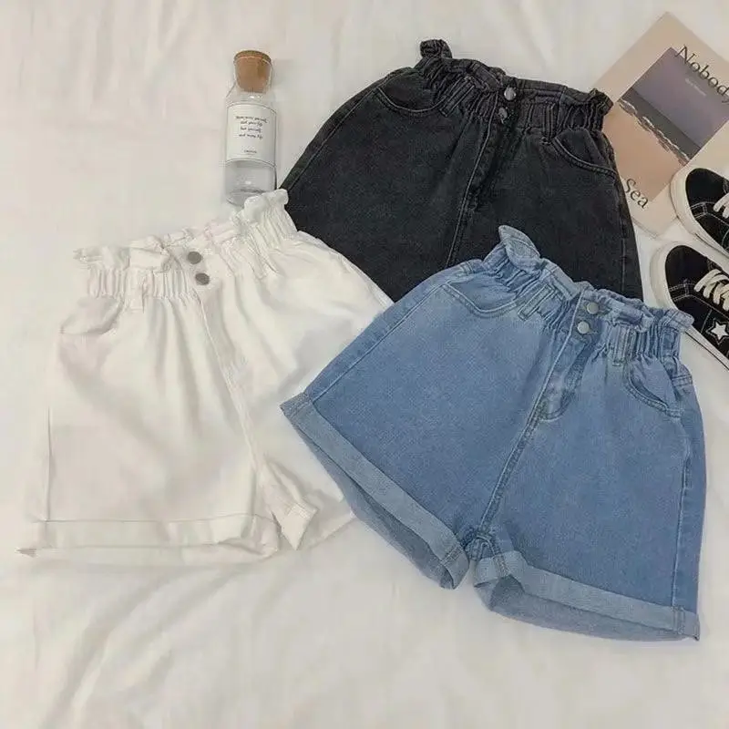 Women Denim Shorts Cream Elastic Waist Large - Image 8