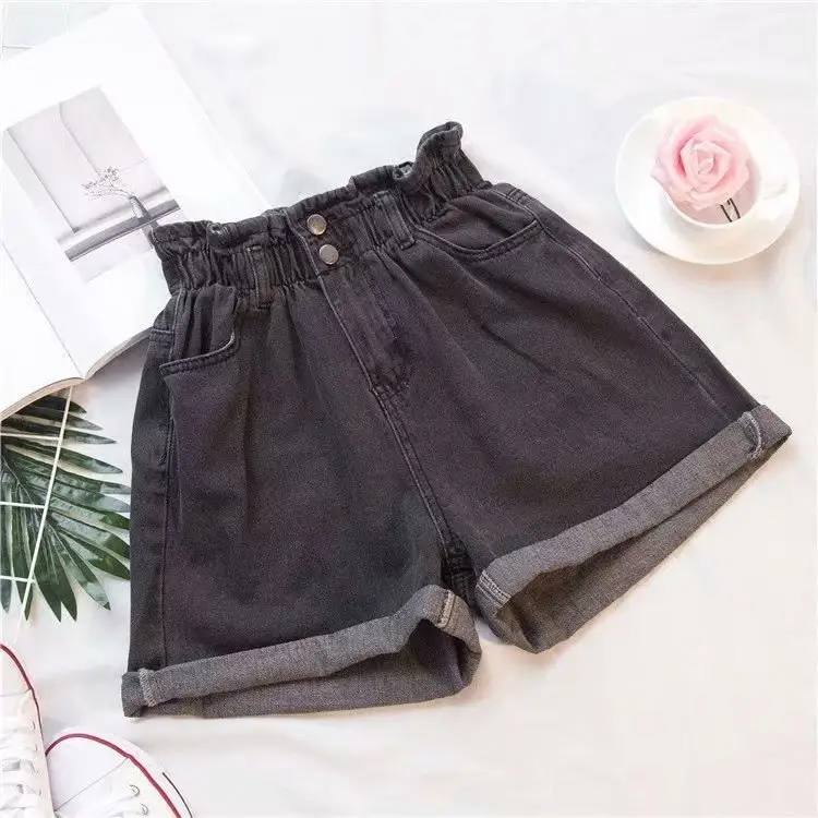 Women Denim Shorts Cream Elastic Waist Large - Image 2