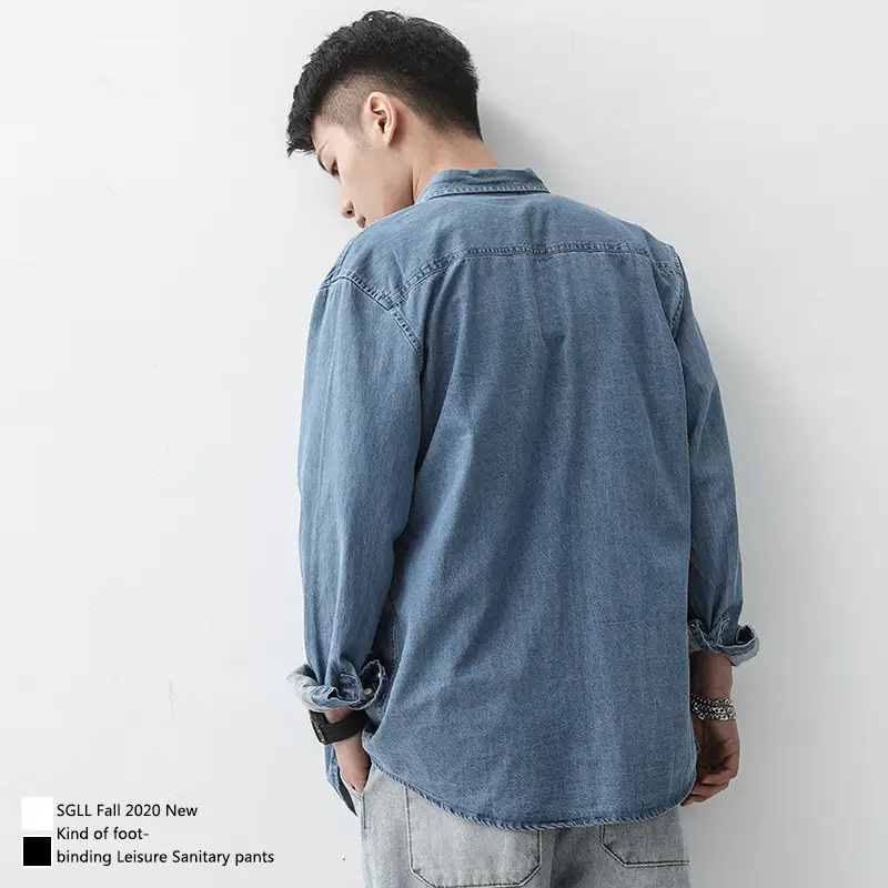 Men Denim Long Sleeve Shirt Light Blue Loose Fit - Image 4